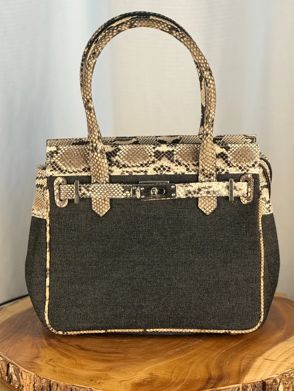 Castellari Milano Italian Leather & Denim Canvas Satchel-Snakeskin Leather Trim